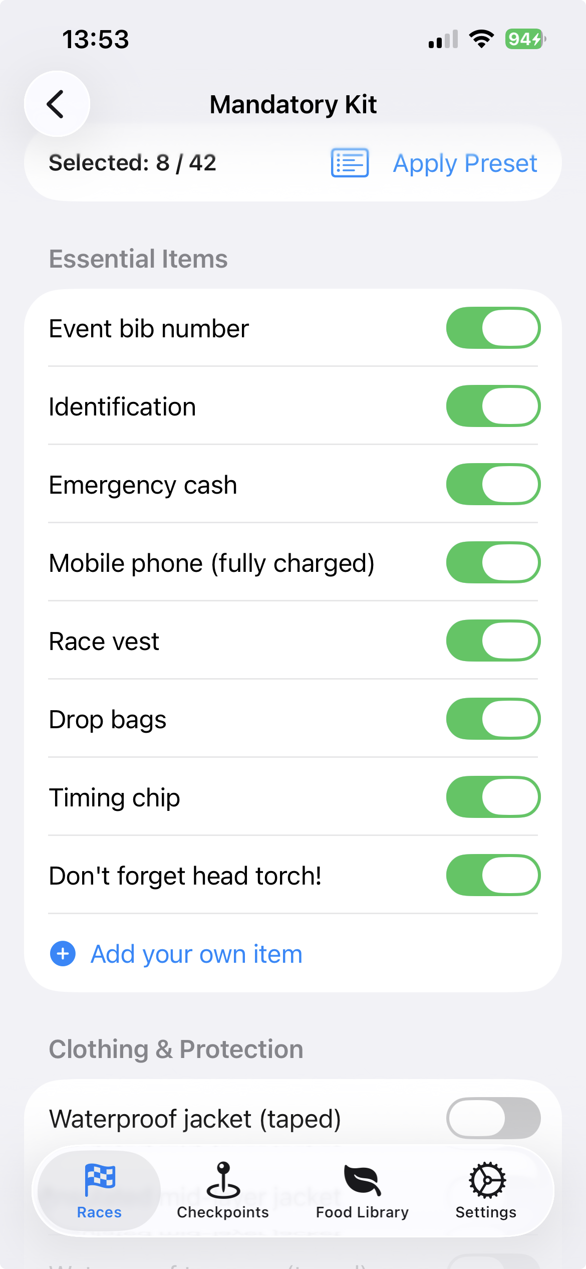 Mandatory kit checklist