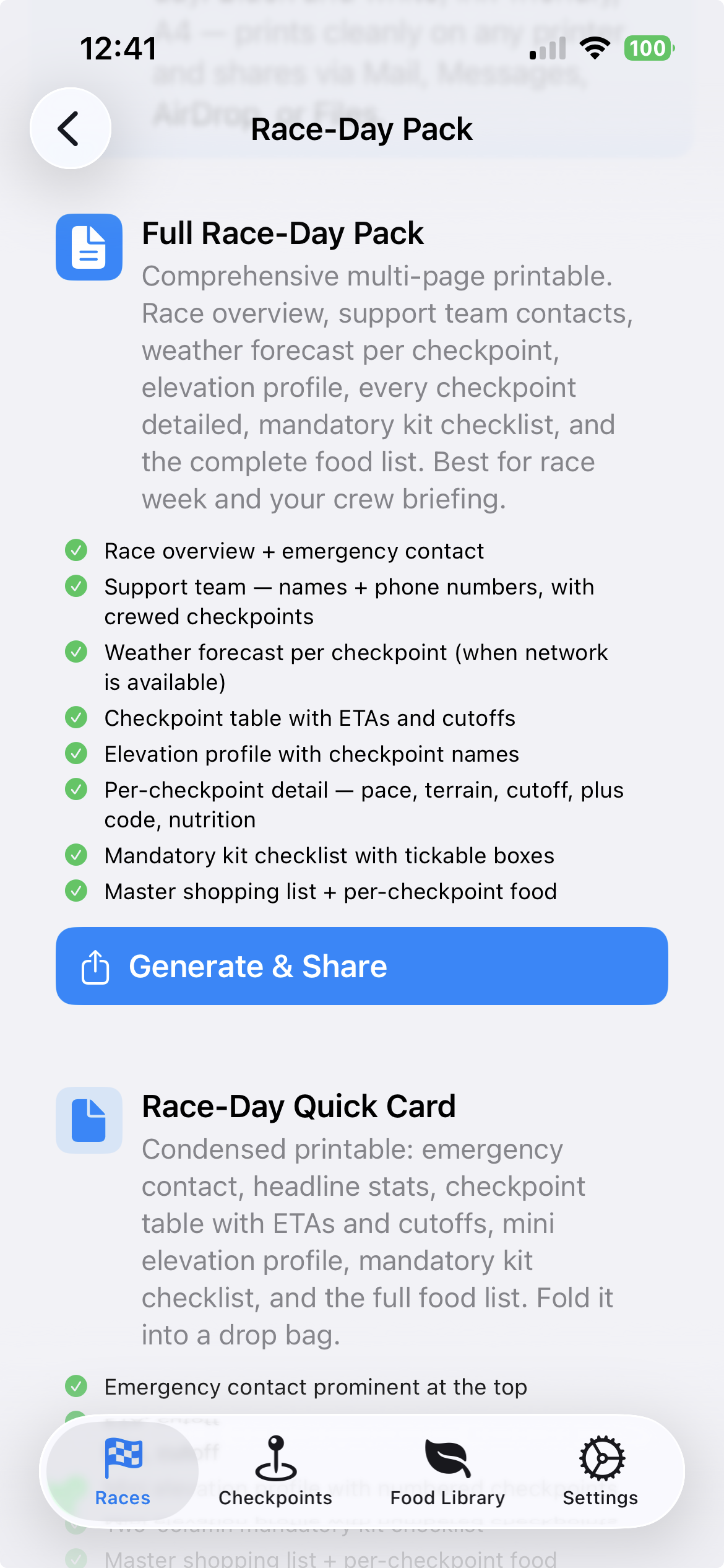 Race Day Pack PDF generator showing two variants and contents checklist