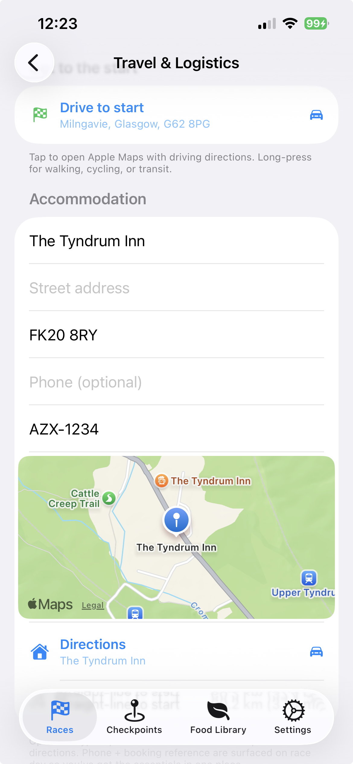 Travel and logistics screen with accommodation map