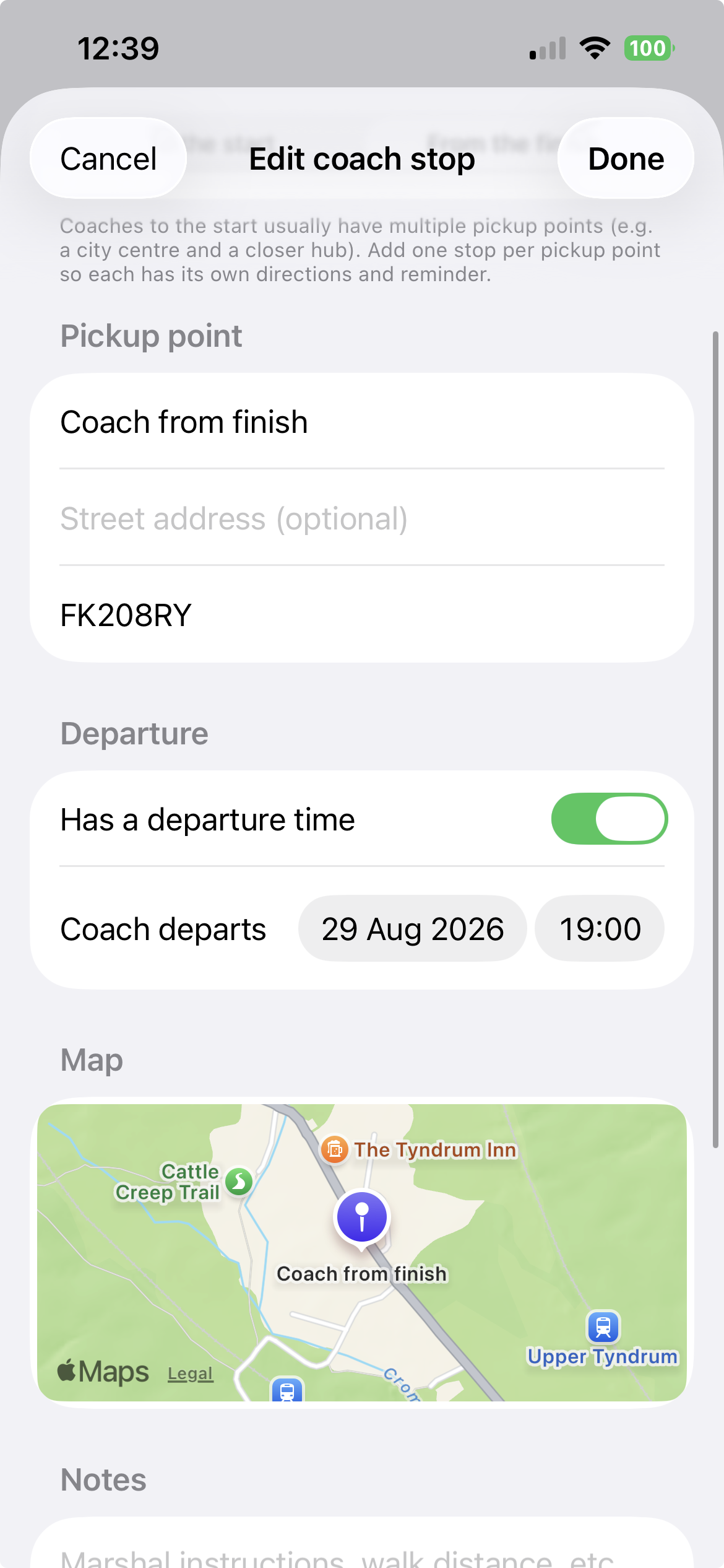 Coach pickup editor with map